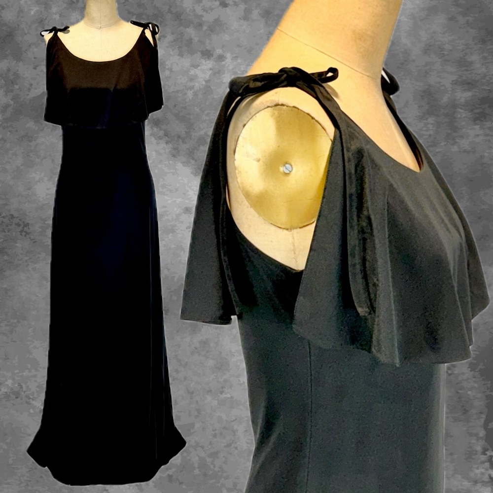 VINTAGE 70s black ruffle bodice long maxi‎ dress bow tie strap black formal prom